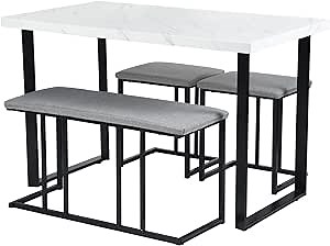 FurnitureR 4 Piece Mid Century Modern Furniture Space Saving Room Set of 4, Rectangle Table and 2 Chairs and 1 Bench, Metal Frame for Home Kitchen Dining Sets, Large, White