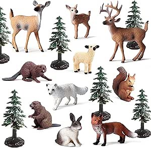 20PCS Plastic Forest Animals Figures, Realistic Woodland Creatures Figurines Miniature Toys Animal Tree Kit Wild Animal Toys Gift for Kids Toddlers, Party Favors Cake Topper Diorama Supplies