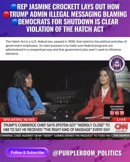 DaMon Cortez on Instagram: "During the October 2025 government shutdown, Rep. Jasmine Crockett (D-TX) accused the Trump administration of violating the Hatch Act with its official messaging blaming congressional Democrats. Democrats and government watchdog groups pointed to instances where federal agencies used official websites and email communications for partisan attacks. Hatch Act violation allegations In early October 2025, several federal agencies, including the Department of Housing and U