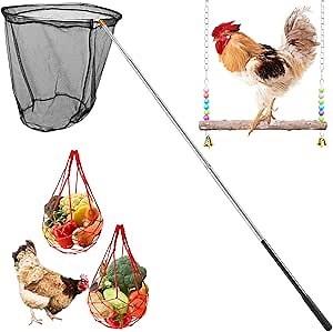 UNIFAMILY Chicken Catcher Set, Retractable Chicken Net Catcher with Chicken Swing Chicken Coop Toy, Stainless Steel Chicken Catching net with 2 Chicken Vegetable String Bags, Farm Tool for Poultry