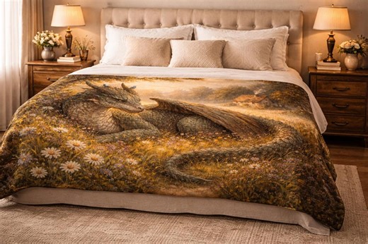 Sleeping Dragon Meadow Velveteen Plush Blanket | Fantasy Dragon Illustration - Etsy