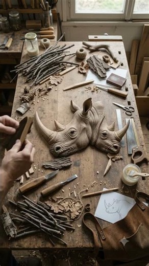 From Bark to Beast: Rhino Wood Sculpture Process #shorts