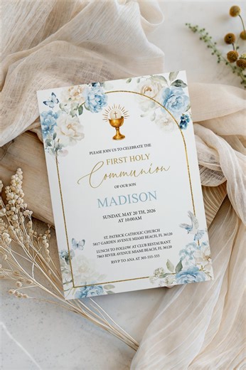 First Holy Communion Invitation for Girl | Blue & Ivory Floral | Gold Chalice, Printable 1st Communion DIY Invite | Editable, FC37 - Etsy UK