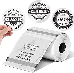 Round Circle Thermal Label Compatible with Phomemo M100/M110/M150/M221/M220/M120/M200/M250 Label Printer,1.96" x 1.96" 50x50 mm, 180 Labels/Roll, Black on Transparent