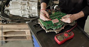 Automotive mechanic working on a disassembled electric car engine part using a voltmeter for precise diagnostics and repair in a professional auto service station. EV repair concept. Auto Service