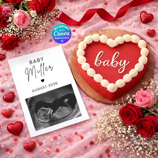 Valentine’s Day Heart Cake Pregnancy Announcement Template | Editable Canva Neutral Flat Lay - Etsy