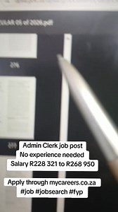 Admin Clerk job post No experience needed Salary R228 321 to R268 950 Apply through mycareers.co.za #job #jobsearch #fyp | Job sharing database