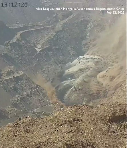 Surveillance video captures the moment of open coal mine collapsing in China's inner Mongolia