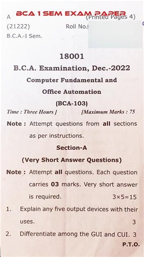 Exam Paper 1 Sem BCA | Computer Fundamental #bca