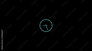 Clock icon animation. clock's hand speed rotation. 2d clock isolate on black. 12 hours time lapse clock.