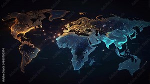 A dark blue world map with glowing blue and yellow dots and lines showing international connections.