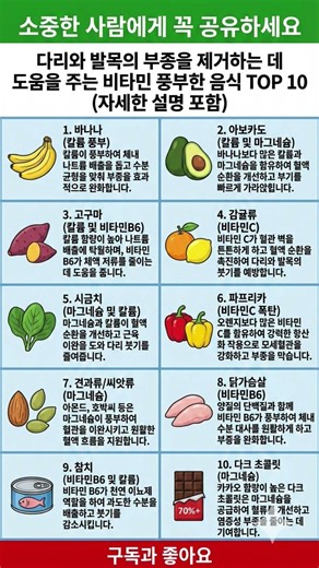 다리와 발목의 부종을 제거하는 데 탁월한 비타민과 미네랄이 듬뿍 담긴 최고의 음식 10가지#부종에좋은음식 #칼륨많은음식 #천연이뇨제