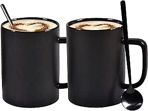 Coffee Mugs, Matte Black Ceramic Mug Set of 2, 13.5 OZ Large Coffee Set with Black Coffee Spoons, Big Cups for Cappuccino Latte or Tea for Home Office Restaurant or Bar, for Men and Women Couple Gift