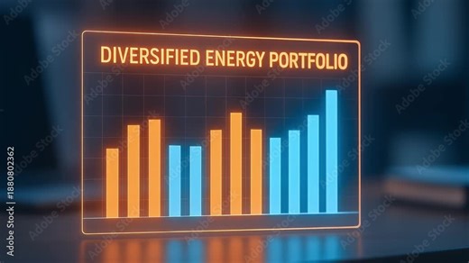 Diversified energy portfolio bar chart glowing graph with orange and blue bars transparent digital screen showing fluctuating market trends investment finance data visualization analysis modern