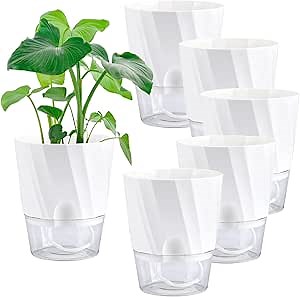 Whonline 6 Inch Self Watering Pots for Indoor Plants, 6 Pack African Violet Pots White Plant Pots Self Watering Planters with Wick Rope Flowers Outdoor Windowsill Gardens