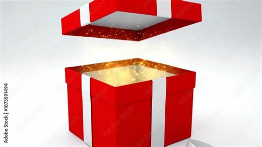 A red gift box with white stripes opens to reveal a bright golden surprise inside on a clean white background from a high viewpoint