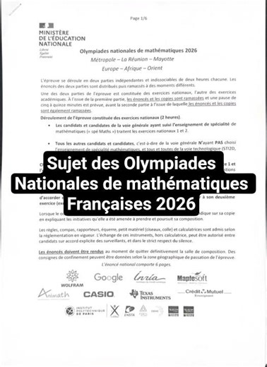 Sujet des Olympiades Nationales de mathématiques Françaises 2026