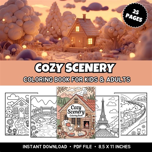 Cozy Scenery Coloring Pages for Kids & Adults, Relaxing Landscape Printable Book, (digital Download) KCB - Etsy