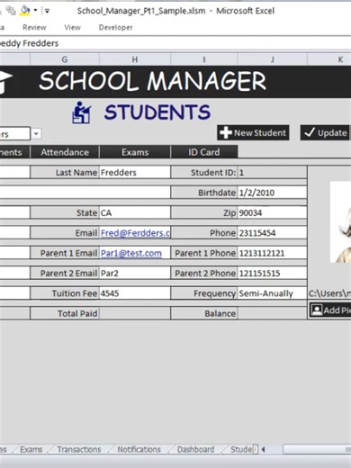 School Manager in Excel: Dashboard, Students & Database Setup