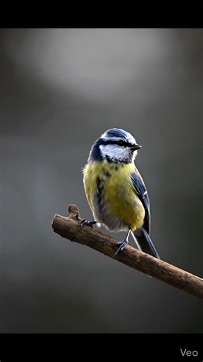 #A small Blue Tit perches quietly on a slender branch, its blue and yellow feathers glowing softly