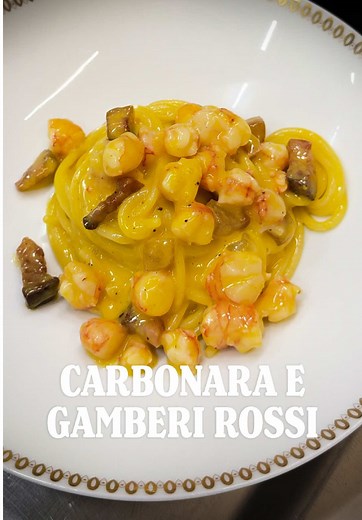 Carbonara con gambero rosso di Mazara e guanciale - ricetta di Chef Emin