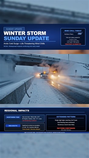 Above The Norm News on Instagram: "⚠️ Extreme Cold Now Taking Over. Sunday Evening Update ⚠️ NOAA confirms a surge of life threatening cold spreading across the eastern United States behind the storm. Sub zero lows and dangerous wind chills will reach from the Northern Plains into the Midwest, the Ohio Valley, the Mid Atlantic and the Northeast. Some regions may fall to minus fifty with sub zero wind chills extending as far south as the Gulf Coast. Snow and ice from this weekend are already crea