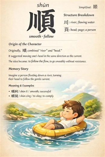順 = go with the flow. 🌊 When you follow the river, life moves smoothly. #chinese #hanzi #mandarin #learnmandarin #senchinese