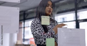 Thinking, planning board or business woman work on project solution, problem solving strategy or office analysis. Research ideas, professional or serious person contemplating startup entrepreneurship