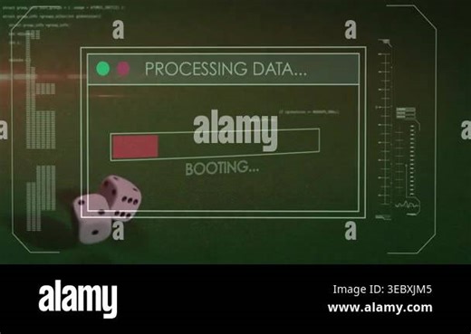 HUD appearing, three white dice rolling on green felt while progress bar filling, encrypting access. Cubes, interface, data, security, digital, tabletop, glitch Stock Video Footage - Alamy
