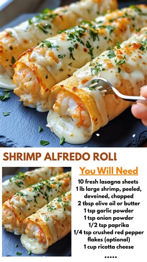 602K views · 2.4K reactions | Cheesy Shrimp Alfredo Roll-Ups 龍戀 An easy dinner idea loaded with buttery, melty seafood magic!  Ingredients : 10 fresh lasagna sheets or crepes (store-bought or homemade) 1 lb large shrimp, peeled, deveined, chopped 2 tbsp olive oil or butter | Tasty Home Recipes | Facebook