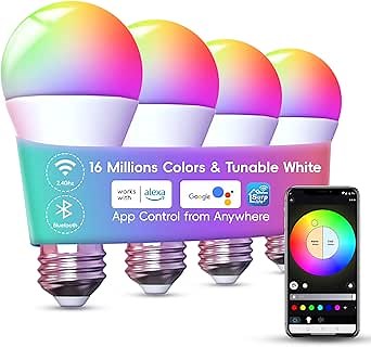 WiFi Smart LED Light Bulb - Color Changing Bulbs App Control, 2.4Ghz Bluetooth Smart A19 Bulbs Music Sync, Magic RGB Light Bulb Compatible with Alexa and Google Assistant, E26 LED Bulb, 4 Pack
