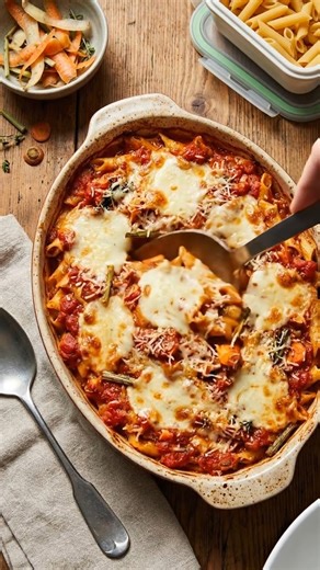 ♻️ Gratin de pâtes anti-gaspillage à la sauce tomate et fromage râpé 📝 Ingrédients (4 personnes) 400 à 500 g de pâtes cuites (restes de pâtes) 400 ml de sauce tomate (maison ou reste de sauce) 150 à 200 g de fromage râpé (emmental, mozzarella, cheddar ou mélange de restes) 1 oignon ou restes de légumes (courgettes, poivrons, champignons…) – facultatif 1 c. à soupe d’huile d’olive Sel, poivre Herbes sèches ou fraîches (origan, basilic, thym) Optionnel (selon ce que vous avez) Restes de poulet, j