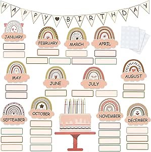 60 Pieces Boho Classroom Decor Birthday Bulletin Board Decorations Set Rainbow Bulletin Board Decor Classroom Chart Wall Decoration Cutouts for School Calendar Birthday Border (Brown Series)