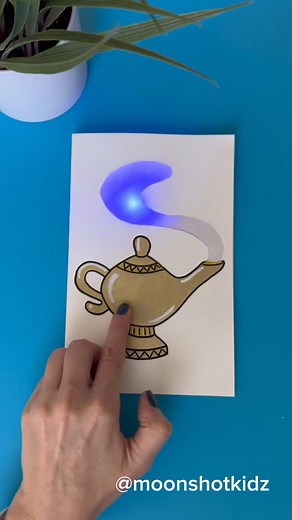 DIY electronics, stem and science activities for beginners on Instagram: "DIY “Magic lamp” interactive light-up card. Easy and fun paper circuit project for beginners. You will need: - 2 LED diodes - Conductive copper tape - Coin cell battery 3v (CR2032) - Paper - Tracing paper - Markers Warning: this project should be done under adult supervision. Order supplies here: https://www.amazon.com/shop/moonshotkidz #stemlearning #stemeducation #stemteacher #stemactivities #science #papercircuit #paper