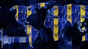 Barbados flag earth map glowing technology motion news background