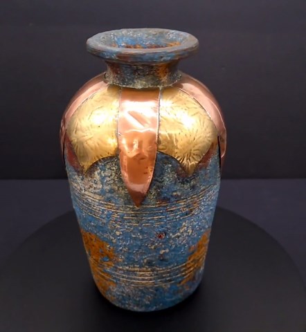 Rare Vintage Textured Blue Rustic Vase With Copper and Brass Accents - Etsy