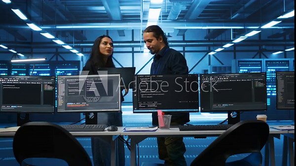 Multiracial colleagues in server hub workspace collaborating to fix servers providing computing resources for workloads. Engineers doing brainstorming while supervising data center supercomputers