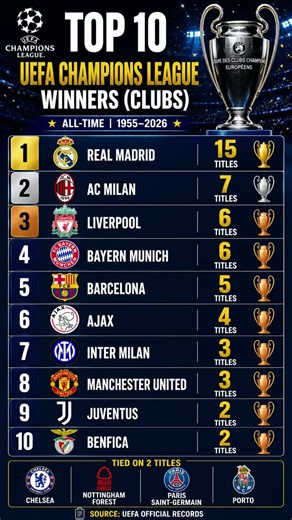 🏆 Top 10 UEFA Champions League Winners (Clubs) | All-Time Ranking (2026 Updated) ⚽ #shorts
