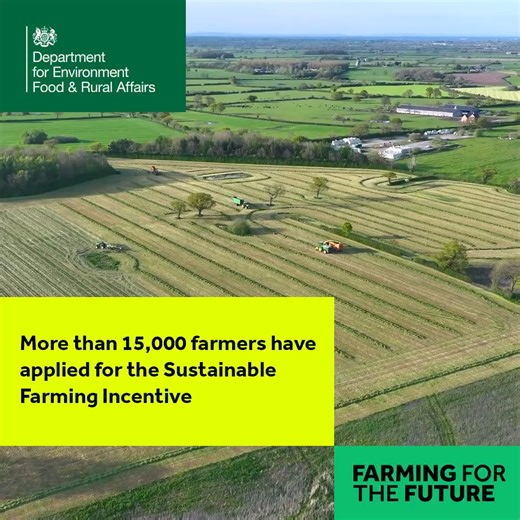 More than 15,000 farmers across England have now applied for the improved Sustainable Farming Incentive 🚜 We will continue to safeguard the integrity of the SFI scheme and ensure a balance of sustainable food production and environmental actions by taking new measures to limit the amount of land that can be put into 6 SFI actions. Find out more 👉 https://www.gov.uk/government/news/government-ensures-food-production-remains-primary-purpose-of-farming | Department for Environment, Food and Rural