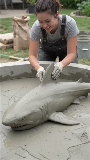 A young lady building a shark pool with cement and water beautified with Flowers and lights #sharks