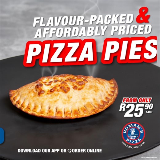Flavour-Packed and Affordably Priced Pizza Pies from ONLY R25.90 each! 🍕 😍 Order now via our app or website. 📱 Android: https://bit.ly/3x8JK6m📱 iOS: https://apple.co/3AYeIz3 | Roman's Pizza