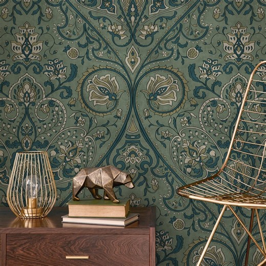 Damask Wallpaper With an Intricate Floral Motif in Green, Teal, and Beige - E524 - Etsy