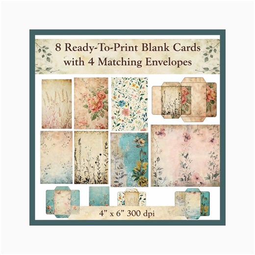 8 Printable Blank Cards & Envelopes Set, 4x6 Greeting Cards, Shabby Chic Floral Stationery, Vintage Paper Pack, Printable Card Bundle - Etsy