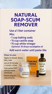 16K views · 103 reactions | Soap scum on shower doors? Hard water film on tiles? This DIY cleaner destroys grime FAST. ✨ Baking soda lifts buildup, vinegar breaks minerals, and castile soap helps everything wipe away effortlessly. It’s powerful but natural — no harsh fumes. Your bathroom will look professionally cleaned in minutes. #bathroomcleaning #DIYcleaning #naturalcleaners #cleaninghacks #homecare #everydaygenius | Everyday Genius | Facebook