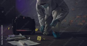 Forensic, csi and swab for dna at crime scene for medical investigation, research analysis and evidence inspection. Science, expert in hazmat and case investigator with observation or search at night