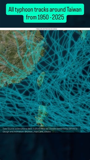 Taiwan Maps and Data Visualization on Instagram: "All typhoons that occurred around Taiwan over the last 75 years. Typhoon Fung-Wong is probably the last typhoon of 2025 crossing Taiwan. #taiwan #datavisualization #dataviz #exploretaiwan #qgis #maps #typhoon #fungwong #typhoonfungwong Fung"