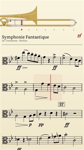 Berlioz Symphonie Fantastique 1st Trombone — slide positions (74 bpm)