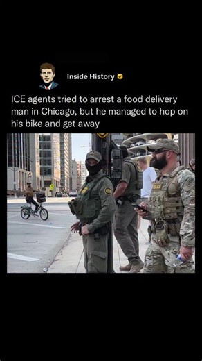 2.4M views · 14K reactions | ICE agents attempted to detain a food delivery worker in Chicago, but the man managed to evade arrest by making verbal remarks and quickly fleeing the scene on his bicycle! (Via: chris.sweat) #history #trending #news #movies #chicago | Inside History | Facebook