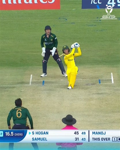 A commanding six from Steven Hogan to bring up his half-century as the Aussies cruise through 👊 Follow the action LIVE, broadcast details 📺: https://www.icc-cricket.com/tournaments/u19-cricket-worldcup-2026/news/broadcast-details-for-icc-u19-men-s-cricket-world-cup | ICC - International Cricket Council