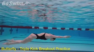 Throwing in an extra kick to your butterfly can teach you a lot about how important keeping the head down on your breakouts is. Why do it: Most of the time, you only get one opportunity per length to work on your butterfly breakout, this drill allows you many opportunities. How to do it: 1 - Start with a solid pushoff, and a great head down breakout. 2 - After your first stroke, go back underwater for three dolphin kicks. 3 - Approach the surface for your stroke like you would on your breakout. 